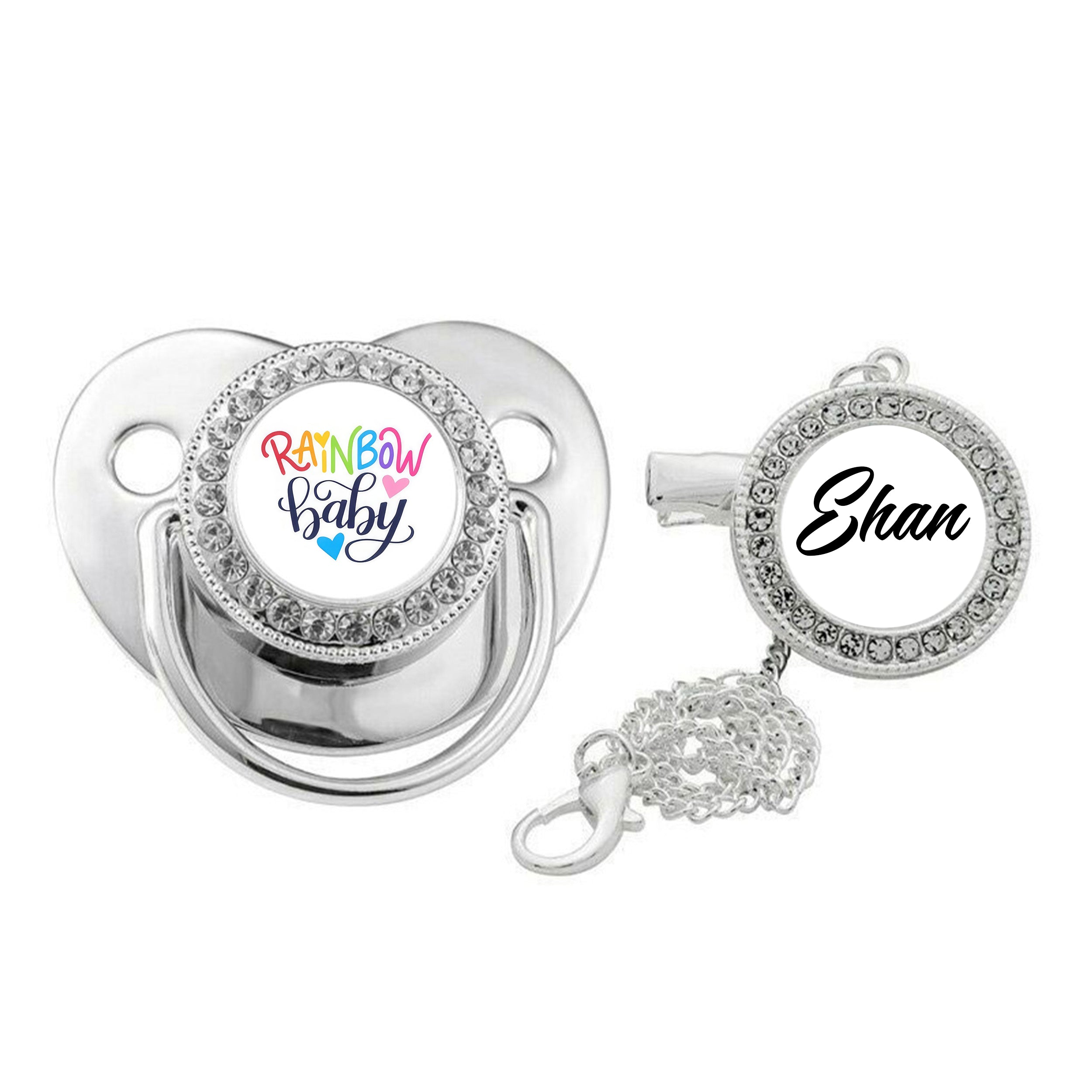 Rainbow baby with name Pacifier