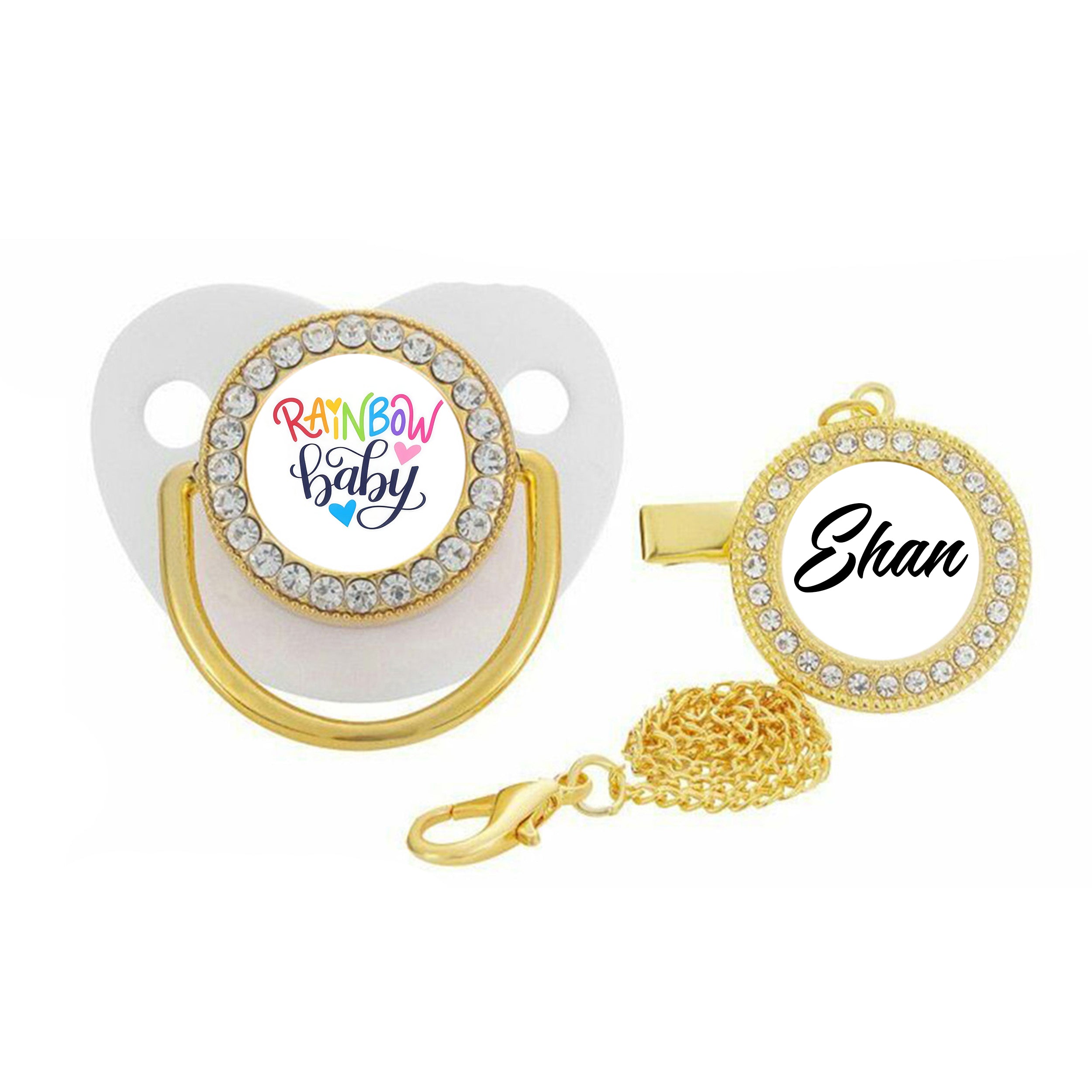 Rainbow baby with name Pacifier