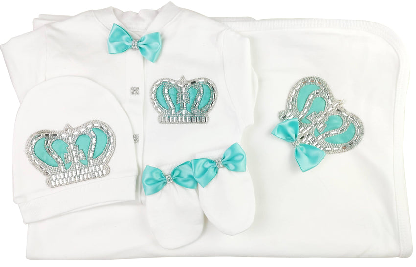 Mint Green On White Blanket Set (Prince Crown)