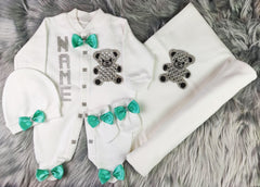 Mint Green  on White Blanket Set
