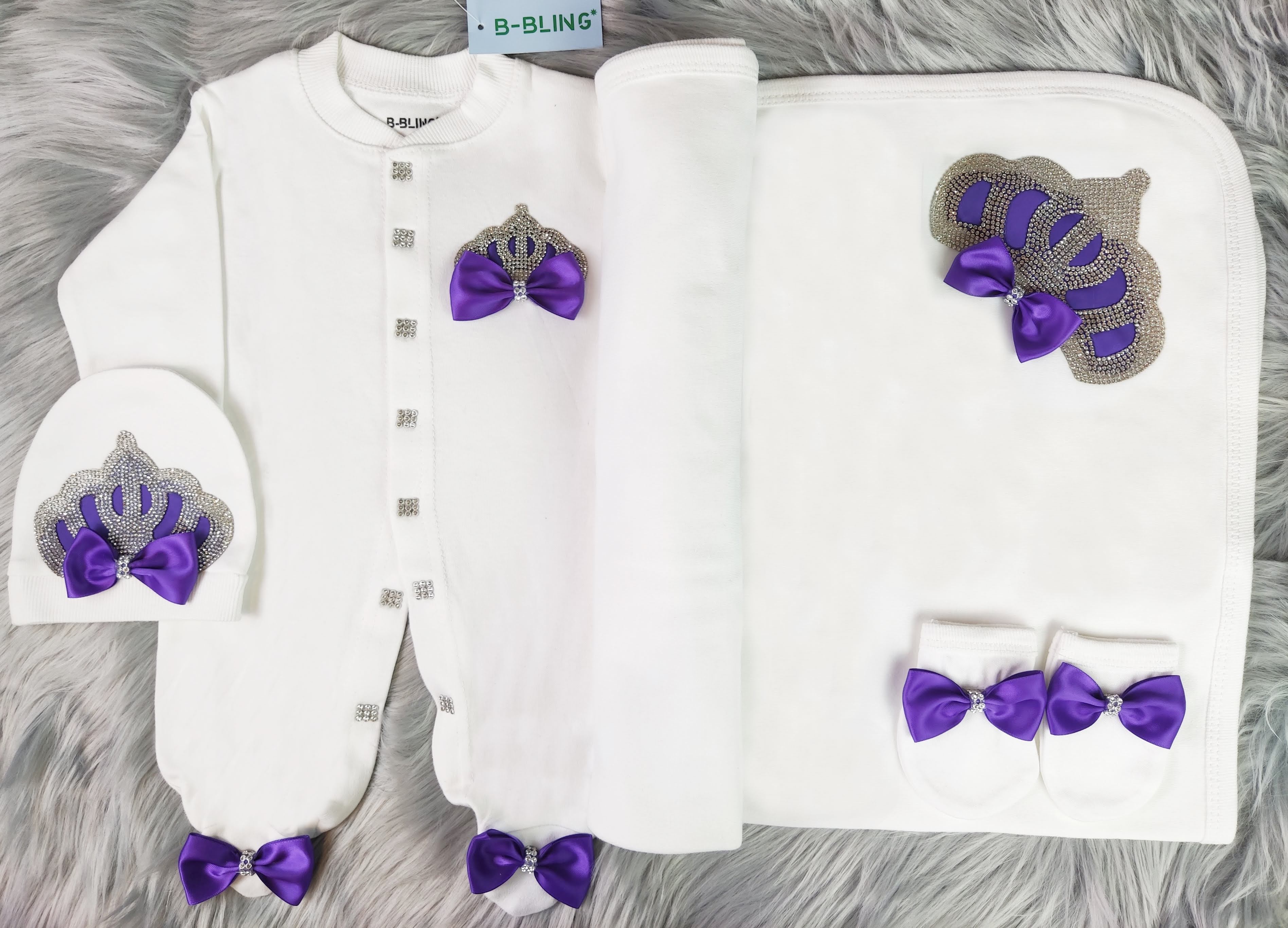 Purple On White Blanket Set