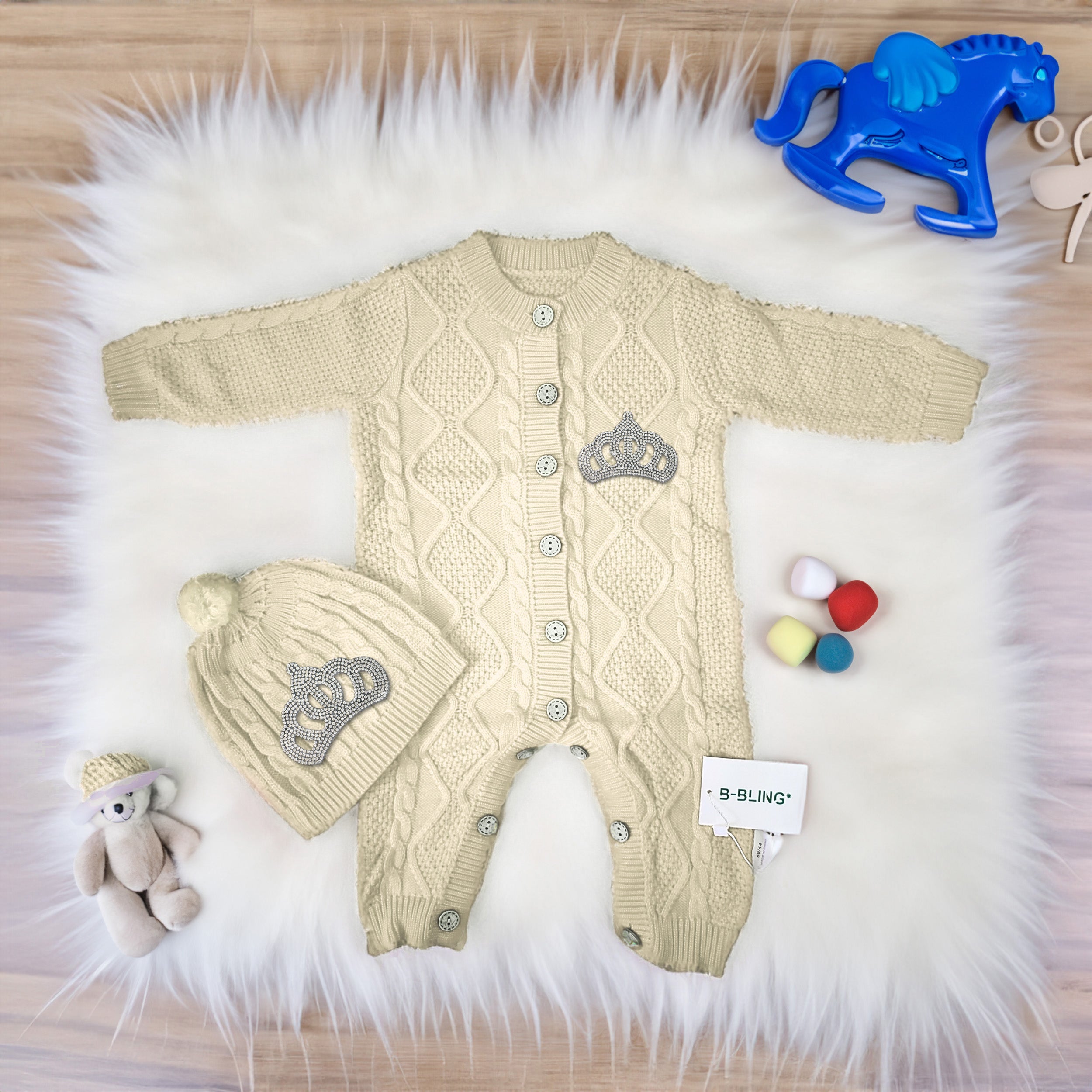 Cream Baby Woolen Romper Girl Crown