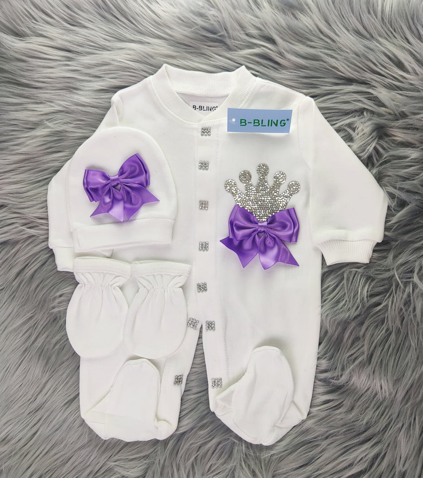 Purple on White Crystal Rhinestone Crown Romper Set