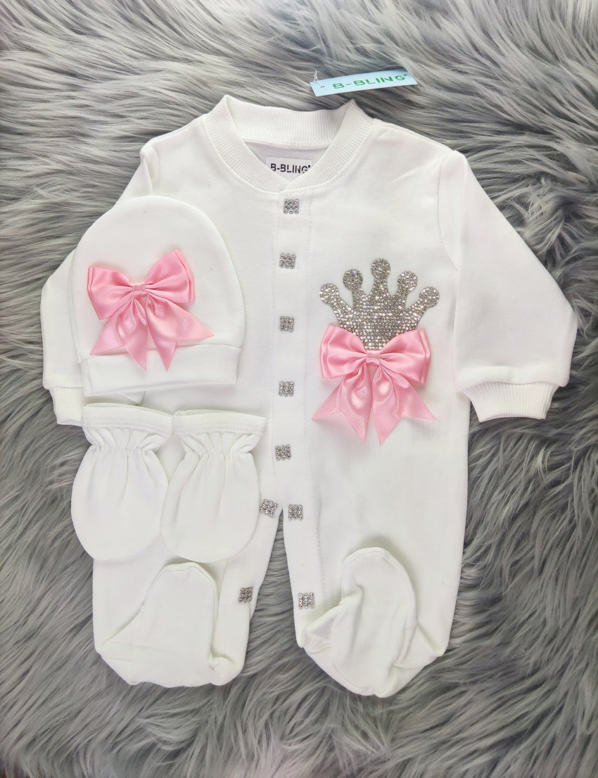 Pink on White Crystal Rhinestone Crown Romper Set