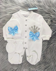 Baby Blue on White Crystal Rhinestone Crown Romper Set