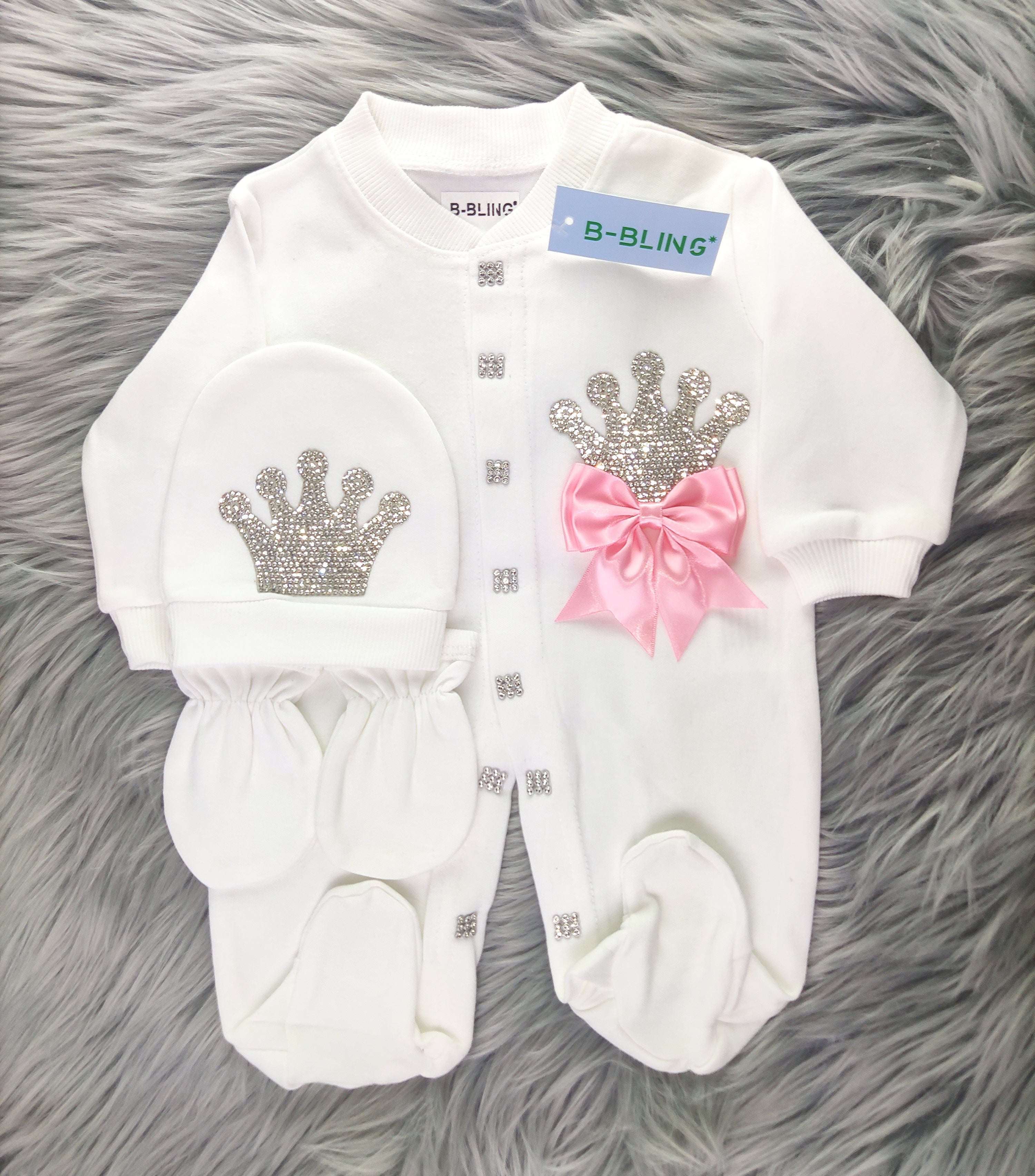 Pink on White Crystal Rhinestone Crown Romper Set