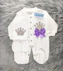 Purple on White Crystal Rhinestone Crown Romper Set