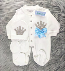 Baby Blue on White Crystal Rhinestone Crown Romper Set