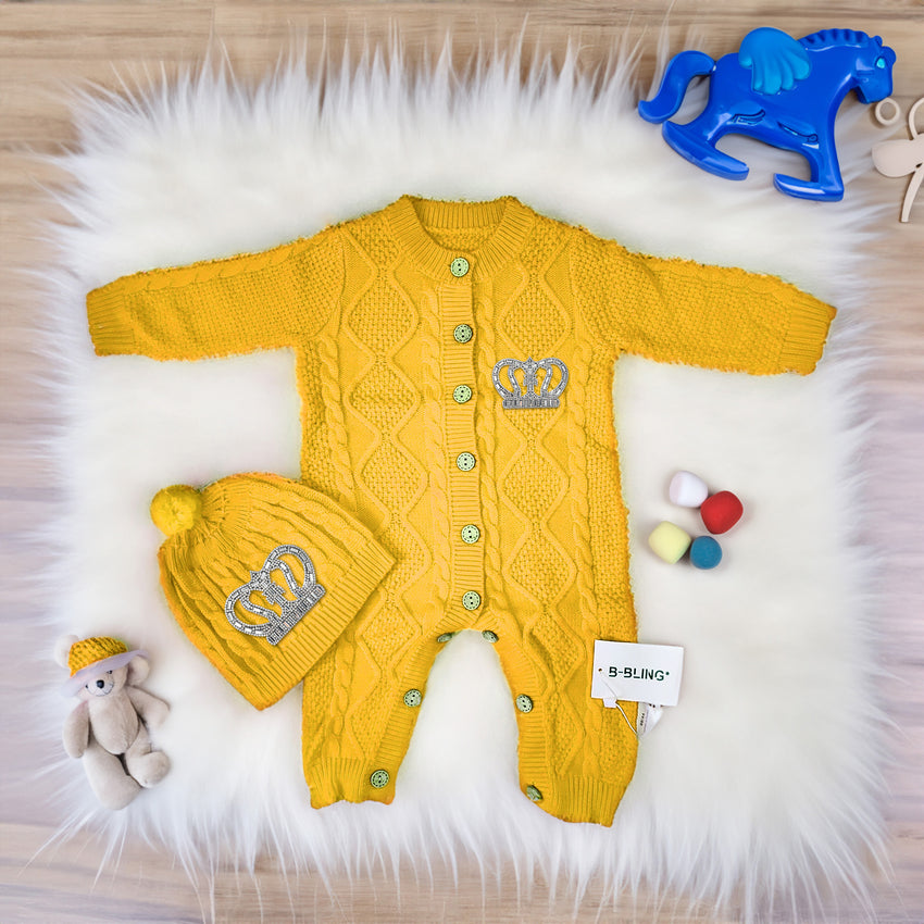 Yellow Baby Woolen Romper Boys Crown