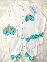 Mint Green On White Blanket Set (Queen Crown)